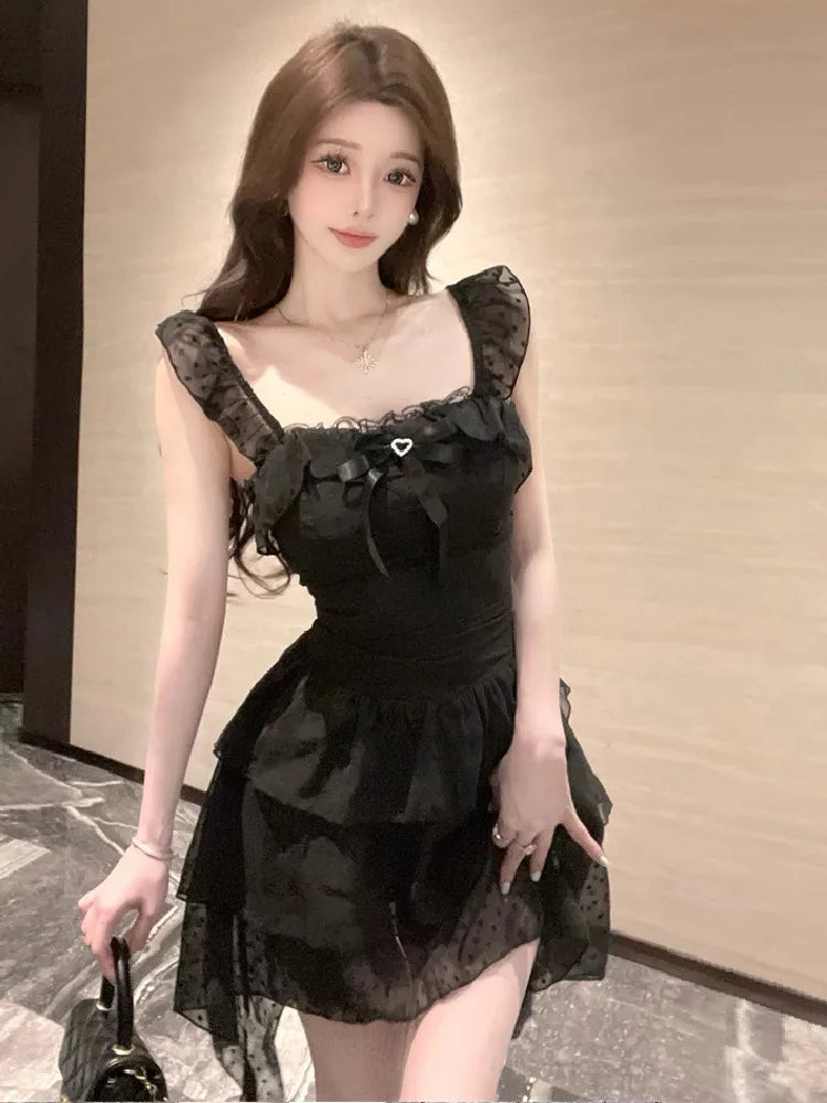 Hnewly  Woman Dress Sexy Irregular Slim Ruffles Patchwork Sleeveless Square Collar Bow Party Mini Dresses Female Fashion