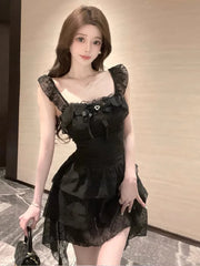 Hnewly  Woman Dress Sexy Irregular Slim Ruffles Patchwork Sleeveless Square Collar Bow Party Mini Dresses Female Fashion