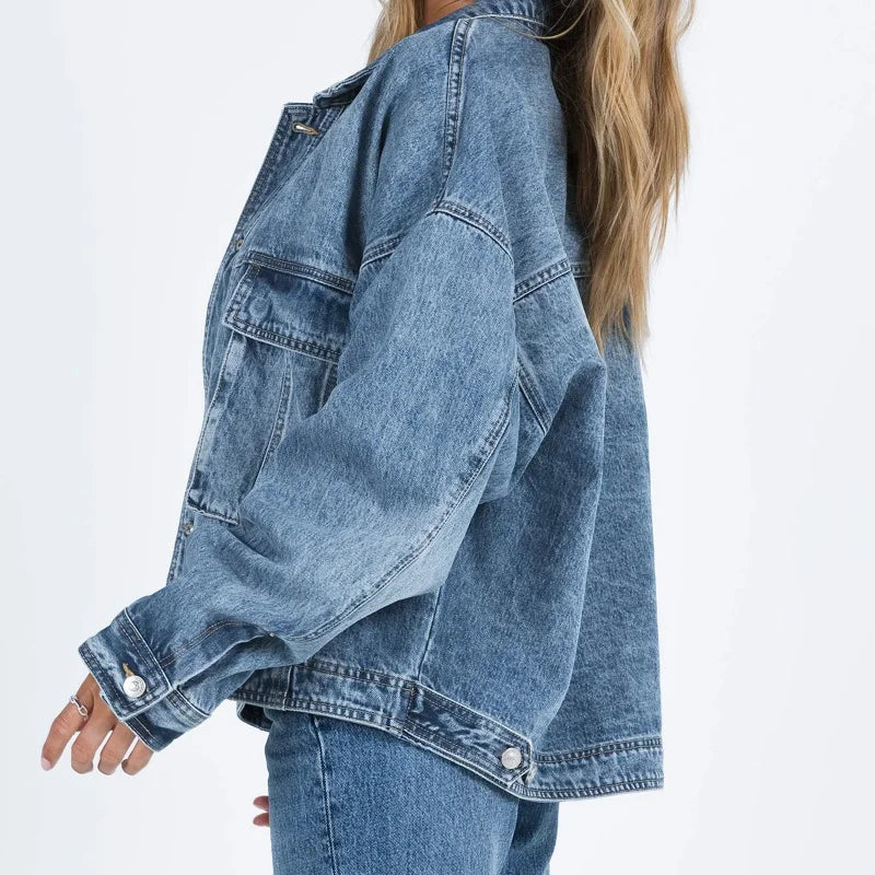 Hnewly Denim Jacket Women y2k Clothes Solid Color Turn-down Collar Single Breasted Long Sleeve Jeans Coat 2000s Streetwear