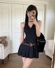 Hnewly  Sexy Korean Style Striped Mini Dresses Women Y2k Backless One Piece Short Dress Hotsweet Streetwear Sleeveless Dress