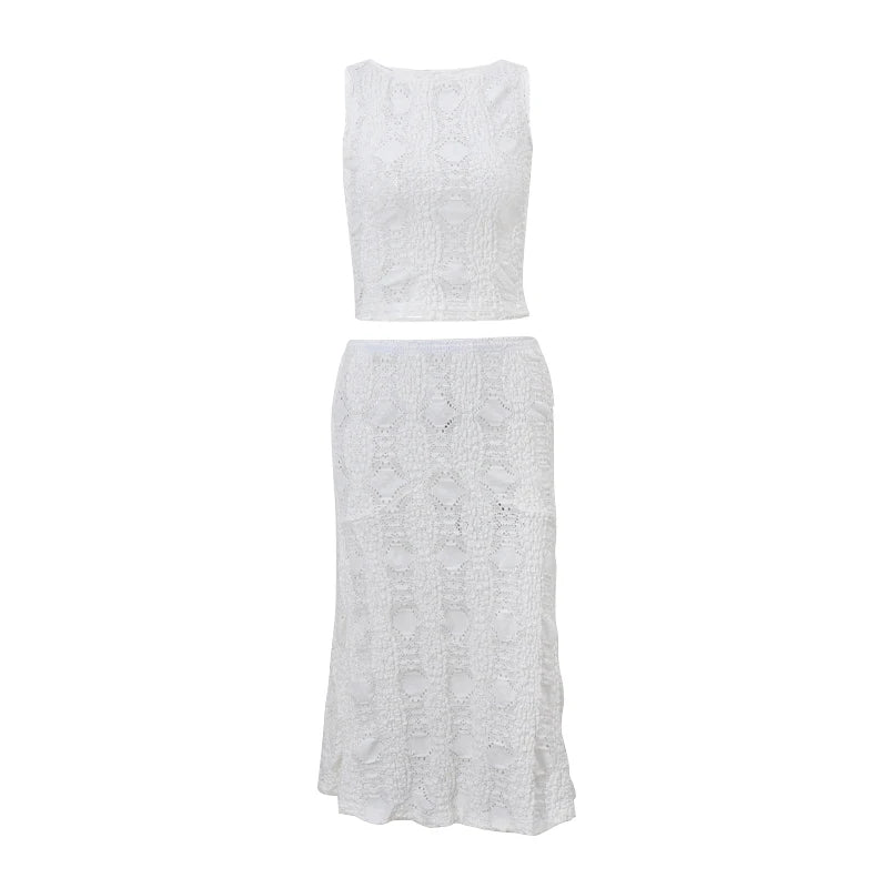Hnewly Temperament Y2K Casual Streetwear Suits Summer Slim Sleeveless Lace Hollow Top and White Beach Skirt Women 2 Piece Set