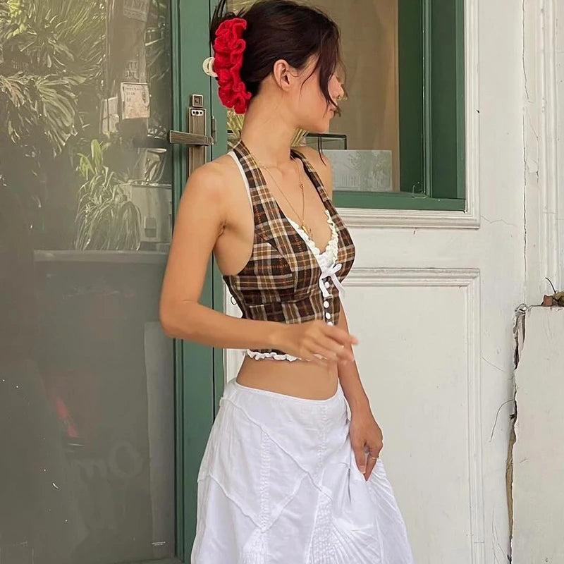 Hnewly French Style Retro Slim Halter Top Y2K Lace Backless Sleeveless V-neck Ruffle Camisole Summer Sexy New Women‘s Clothes