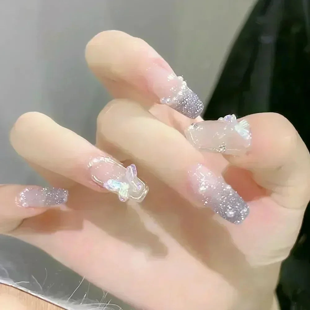Hnewly 24Pcs False Nails French Gradient Ballet Fake Nails Press on Nails Black Heart Rhinestone Design Glitter Full Cover Nail Tips