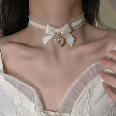 Hnewly Women's Cute Collar Lolitas Handmade Vintage Lace Heart Choker For Women Gothic Bow Knot Necklace Girls Uniform Accessories