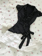 Lunivop  Vintage Y2K Sweet 2 Piece Set Women Slim Fit Polka Dot Lapel Waist Cinched Top + White Lace Trim Mini Skirt Fashion Chic Outfit