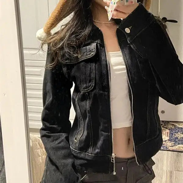 Hnewly  Zipper Jeans Solid Coats Streetwear Fashion All Match Ins Chaquetas Mujer Women Turn Down Collar Punk Vintage Denim Jackets
