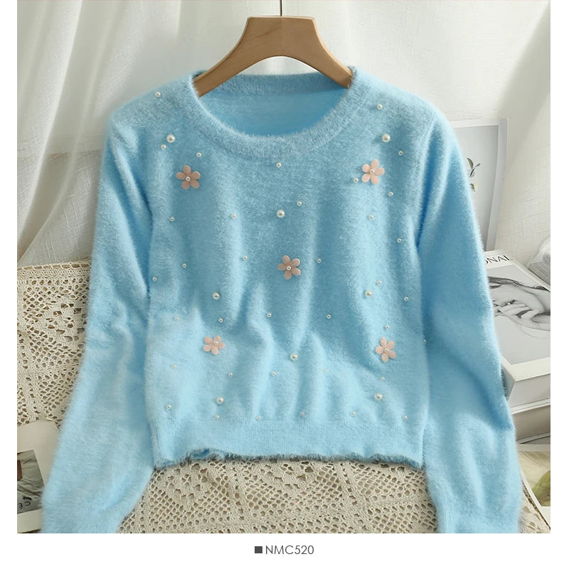 Hnewly  Women's Short Sweater Autumn Winter Fashion Beaded Slim Long Sleeve Pullover Korean Versatile O-neck Loose Knitted Tops