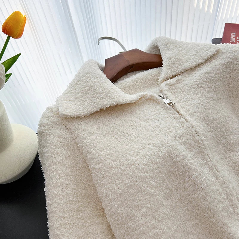 Hnewly  Lamb Wool Cardigan Jacket Women 2025 Autumn Winter New Korean Loose Sweater Coat Fashion Zipper Lapel Knittted Outerwear