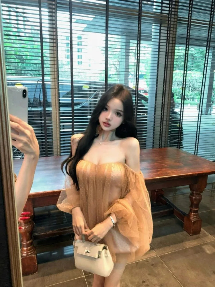 Hnewly  Woman Dress Mesh Patchwork Slash Neck Off Shoulder Puff Sleeve Spring Summer Elegant Backless Sweet Mini Dresses