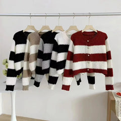 Hnewly  Women's Acrylic Long Sleeve O-Neck Button-Down Striped Cropped Knit Cardigan Ladies Autumn Winter Korean Fashion Knitwear