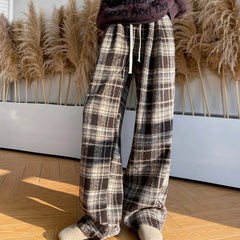 Hnewly  Harajuku Thicken Plaid Pants for Women Autumn Winter Fleece Wide Leg Trousers Woman Baggy Drawstring High Waist Pants Ladies