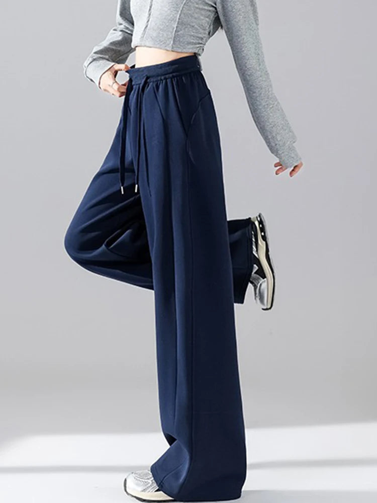 Hnewly  Preppy Style Black Sweatpants Women Vintage High Waist Loose Straight Pant Korean Casual Fall Lace Up Wide Leg Trousers New