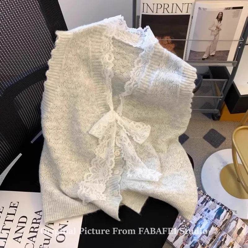 Hnewly  Elegant Lace Bow Sweater Vest Women's 2025 New Spring Autumn Sleeveless V-neck Knitted Pullover Korean Version Versatile Top