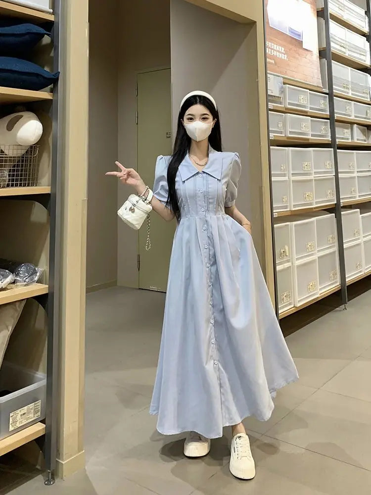 Hnewly  Women Dress Preppy Style Peter Pan Collar Short Sleeve Sweet Single Breasted Elegant Fashion Female Dresses Casual