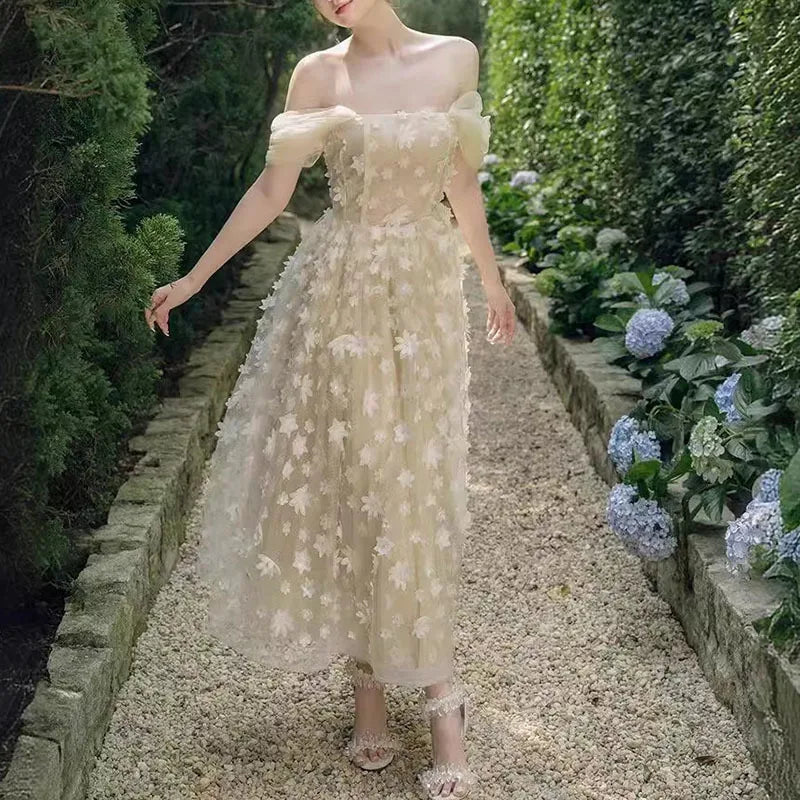 Hnewly Fashion Women Dress Sleeveless Square Collar 3D Flowers Lace Patchwork Female Summer Party Dresses New Tide
