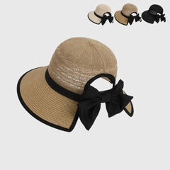 Hnewly  Fashion Breathable Straw Hat Bow-tied Ponytail Hole Sun Hat Solid Color Wide Brim Summer Hat Women