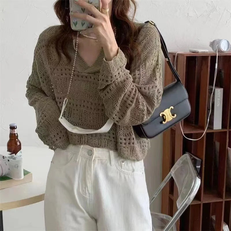 Hnewly  Sheer Pointelle Knit Sweater for Women Long Sleeve V-Neck Crop Knit Top Pullover Teen-girl Spring Autumn Y2K Outfit