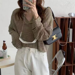 Hnewly  Sheer Pointelle Knit Sweater for Women Long Sleeve V-Neck Crop Knit Top Pullover Teen-girl Spring Autumn Y2K Outfit