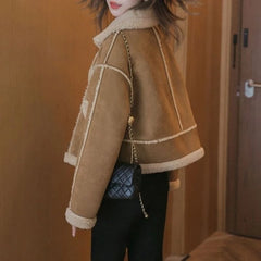 Hnewly  New Arrival Women's Short Lamb Motorcycle Jacket Fall Winter Oversized Faux Fur Lined Warm Thickened Casual Coat