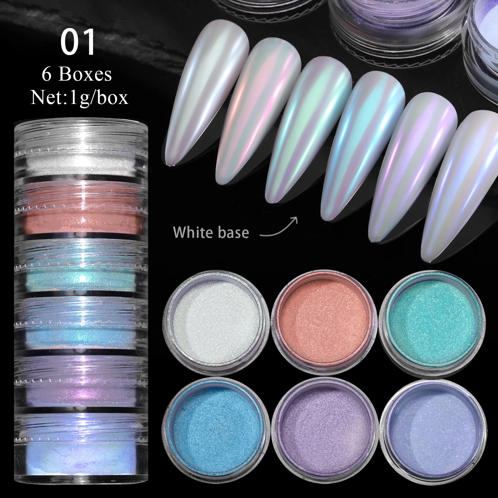 Hnewly 6Box/set Glitter Mirror Dust Nail Powder Chameleon Aurora Metallic Effect Pigments Laser For UV Gel Nail DIY Manicure Decoration