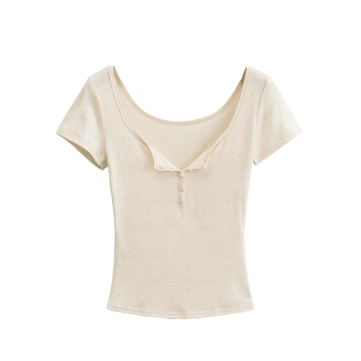 Hnewly  Summer Outfit Polka Dots Print Crop Top Sexy Korean Fashion Short Sleeve Tees Cute Button Up Tees Round Neck T Shirts Slim