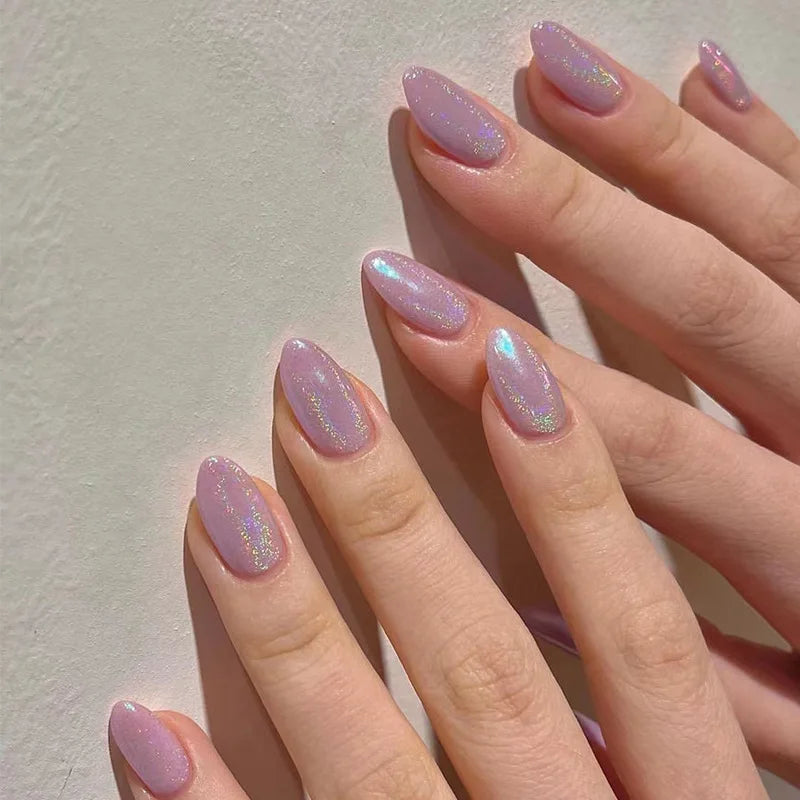 Hnewly 24Pcs Solid Color Grey Almond Fake Nail Cat's Eye Design Wearable Round Head False Nails with Shiny Powder Press on Nails