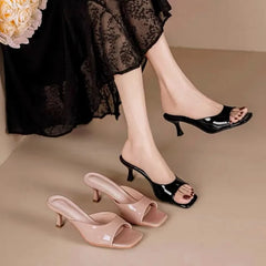 Hnewly  High-heeled Sandals New Versatile Stiletto Square-toe Sexy Slip-on Slippers