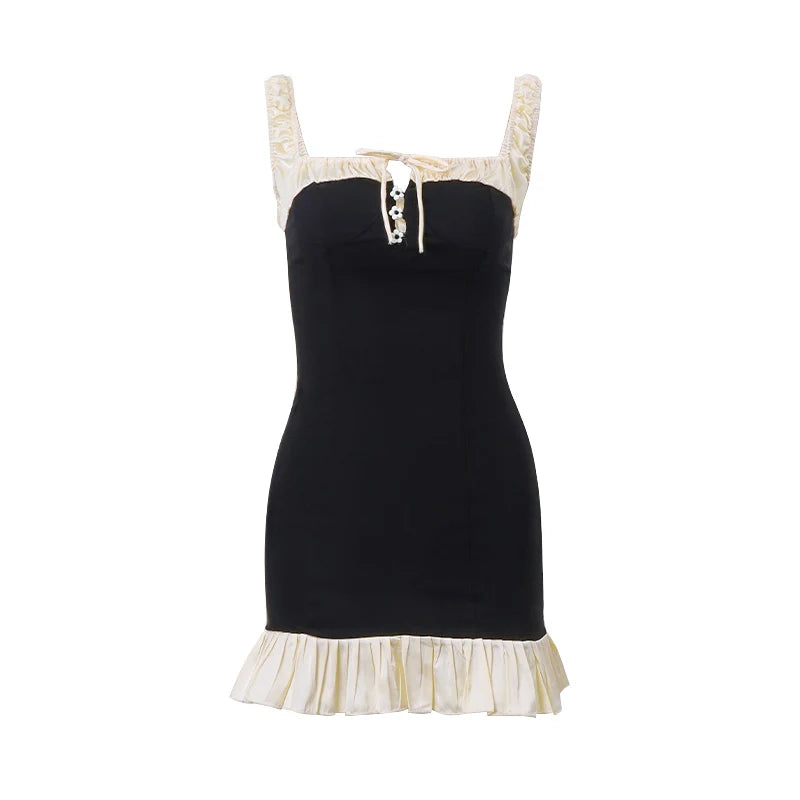 Hnewly Vintage Square-neck Stitch Prom Dress Y2K Sexy Spaghetti Strap Pleated Mini Dresses Summer Women's Sleeveless Vestidos