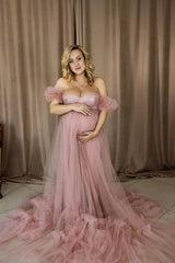 Hnewly  Pink Fluffy Powder Dress for Pregnant Women Tulle Maternity Dresses with Peals Puff Sleeves Pregnancy Gown for Photoshoot