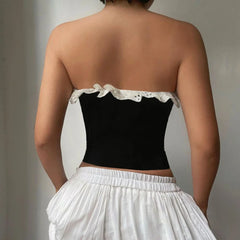 Hnewly Contrast Ruched Bandage Corset Top Vintage 2000s Strapless Cropped Tops for Women Y2k Elegant Ladies Summer Vest Harajuku