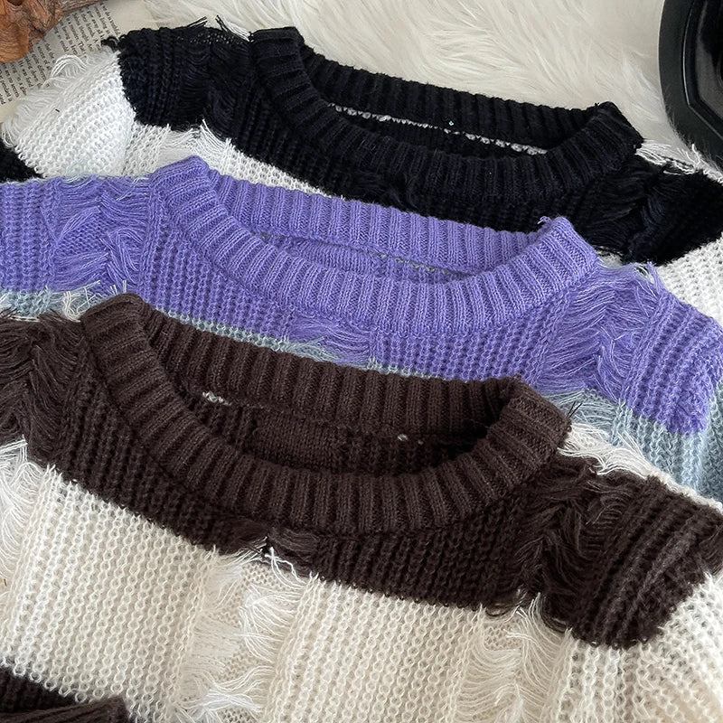 Hnewly  Loose Stripe Hole Knitted Sweater Women's 2025 Autumn Winter New Retro Japanese Short Pullover Tassel Versatile Tops
