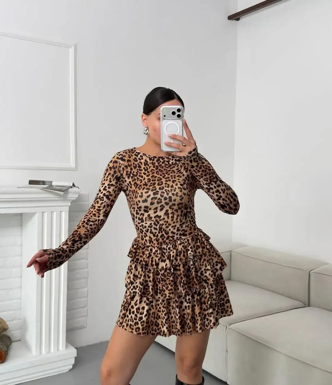 Hnewly  Women Casual Full Sleeve Ruffled Mini Dress Chic Round Neck High Waist Layered Pleated Slim Short Dresses Lady Daily Street Gown
