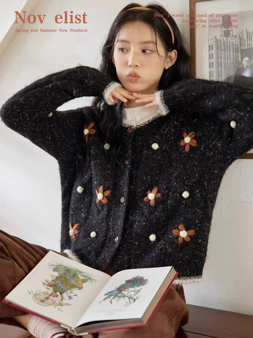 Hnewly  Flower Embroidery Knitted Sweater Cardigan 2025 Spring Autumn Soft Single-breasted Top Women Korean Style Loose Long Sleeve Coat
