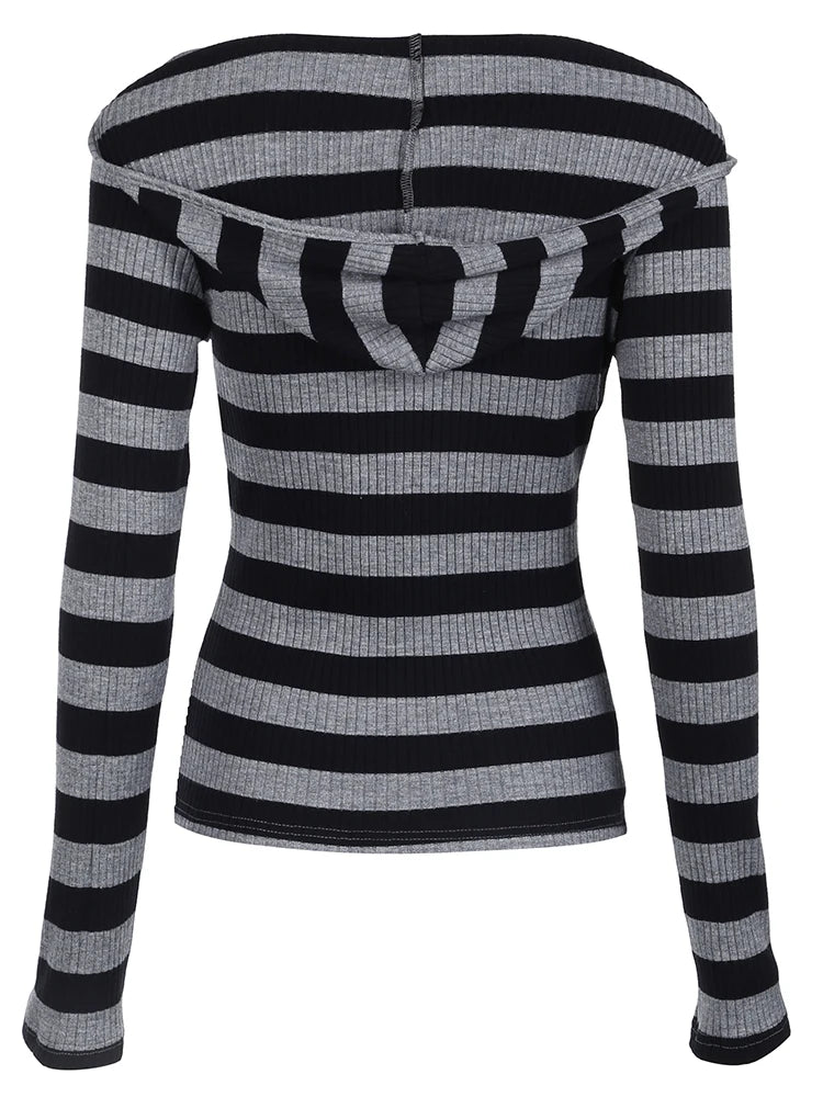 Hnewly Black Dark Gray Stripe Hooded T-Shirt Women V Neck Slim Long Sleeve Basic Spring Autumn Ribbed Top Preppy Streetwear Tee