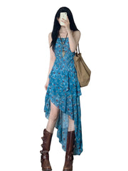 Hnewly  Summer Vacation Floral Print Off-Shoulder A-Line Dress Women's Irregular Hemline Slimming Long Dress Korean Style Casual Wear