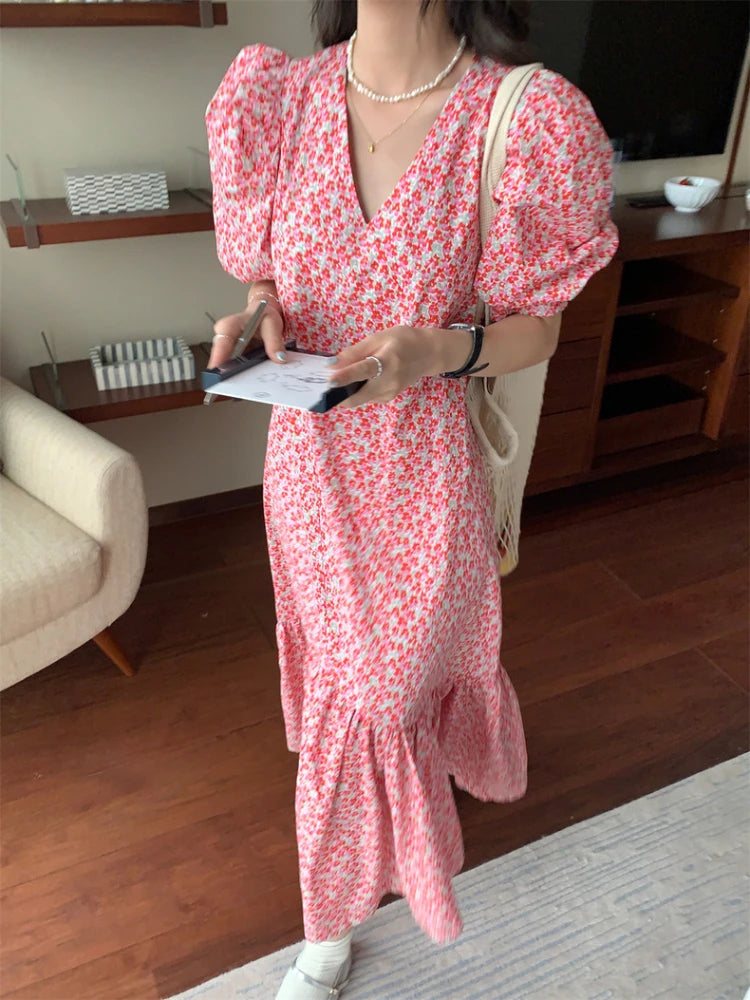 Hnewly Puff Sleeve Aesthetic Dresses for Women Summer Floral Printing Draped V-neck Harajuku Korean Style Spliced Sweet Girlish Retro