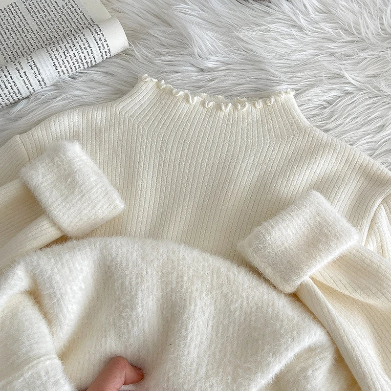 Hnewly  Lace Edge Half High Collar Sweater Autumn Winter New Women's Long Sleeve Top Warm Solid Color Slim Basic Knit Pullover