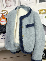 Hnewly  Sweet Thick Warm Tweed Jacket Women O Neck Long Sleeve Winter Cotton Coat Elegant Fashion Patchwork Korean Chic Outwear Top