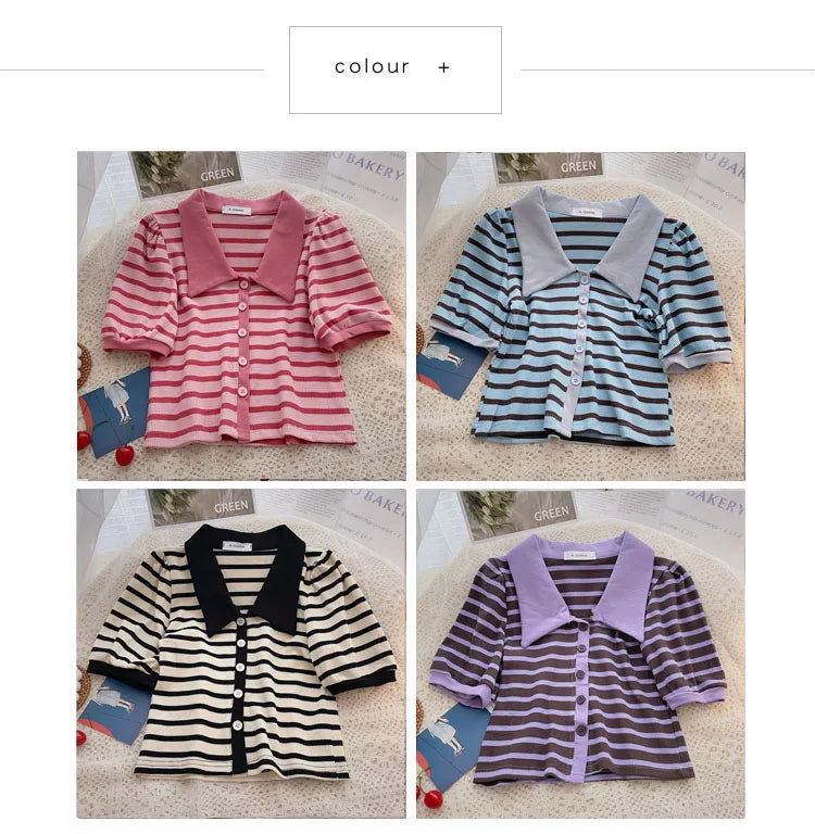 Hnewly Korean Contrast Stripe T-shirt Cardigan 2025 New Summer Women's Commuting Fashion Buttons Lapel Shirt Slim Versatile Top Trend