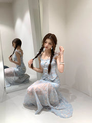 Hnewly Blue 2 Piece Dress Sets 2024 Summer French Retro Elegant Bodycon Y2k Crop Tops + Sweet Skirts Fairy Style Beach Party Aesthetic