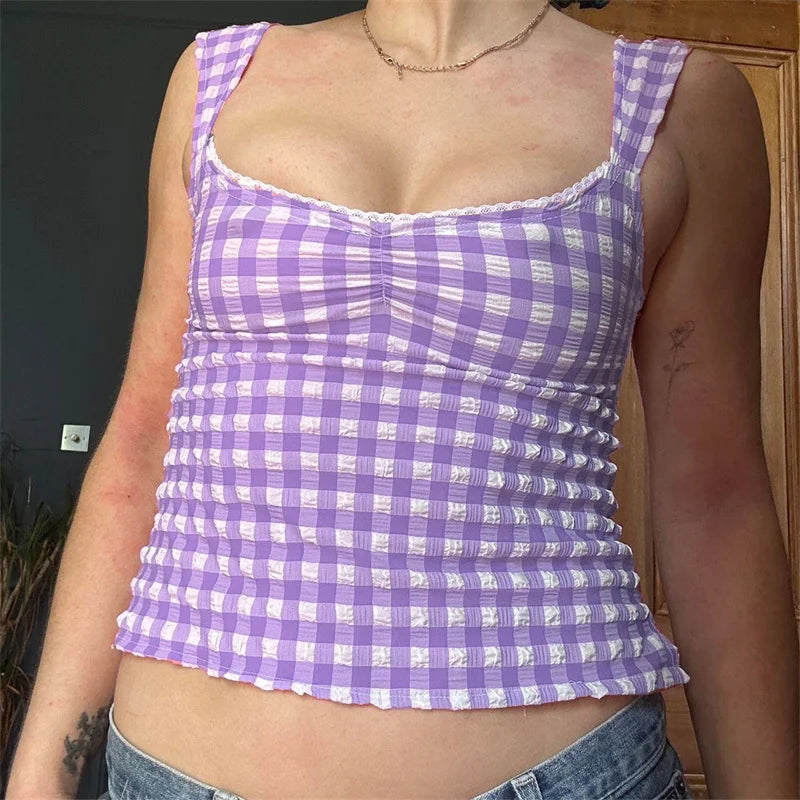 Hnewly y2k Tops for Women Summer Fairycore Clothing Plaid Print Lace Trim Sleeveless Tanks T Shirts 2000s Clothing Streetwear