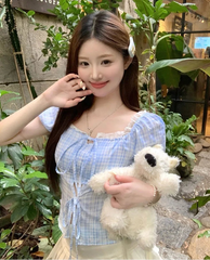 Hnewly  Blouse Women Sweet Elegant Plaid Lace Patchwork Bandage Puff Short Sleeve Crop Tops Square Collar Female Casual Shirts