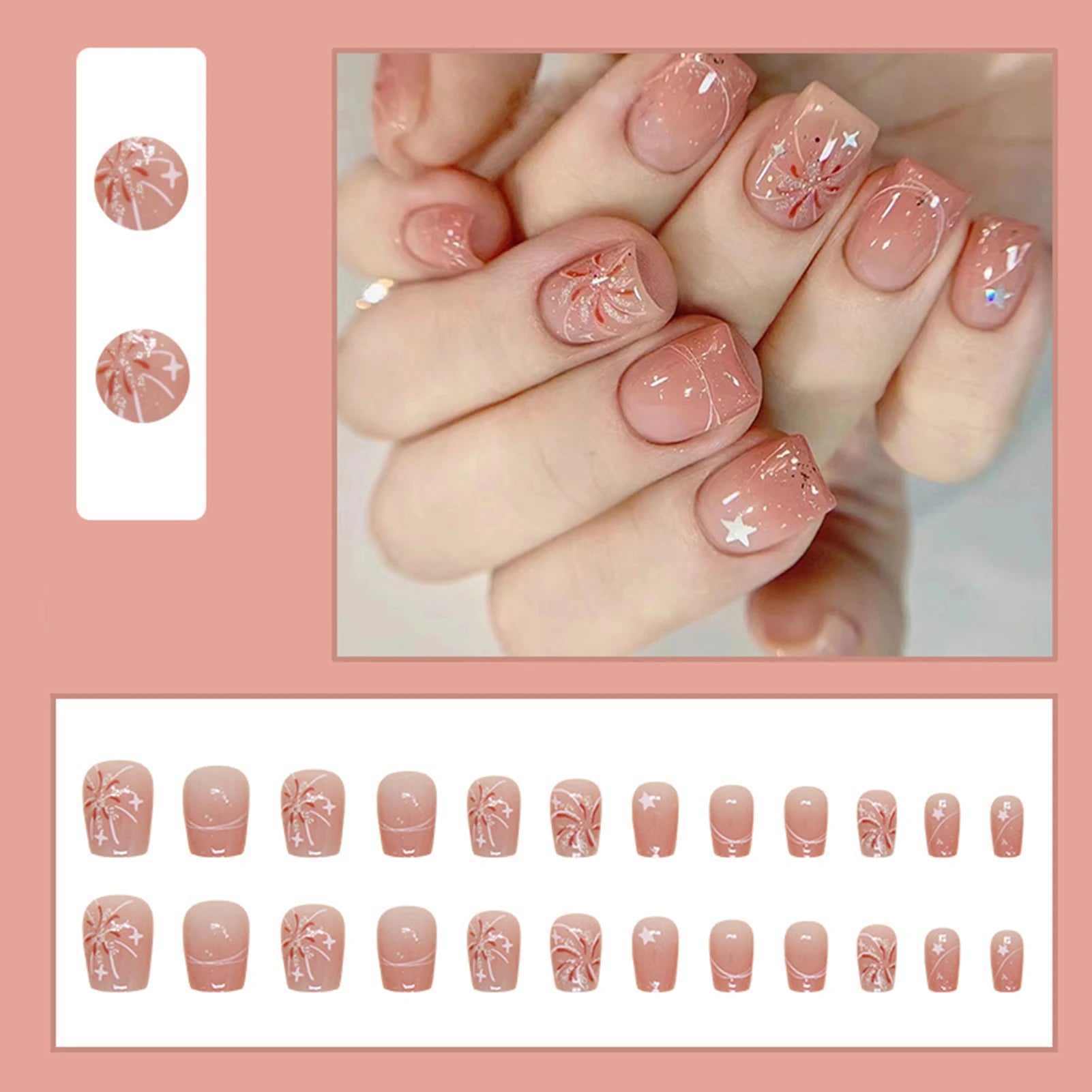 Hnewly 24pcs Gradient False Nails Cute Star Printed Design Fake Nail Short Square Faux Ongles Manicure Nail Stickers Press On Nail Tips