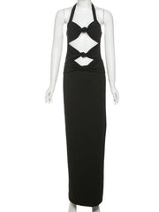 Hnewly  Backless Hollow Dress Women Pleated Sexy Solid Slim Halter Knot Sleeveless Elegant Midnight Clubwear Party Vestidos