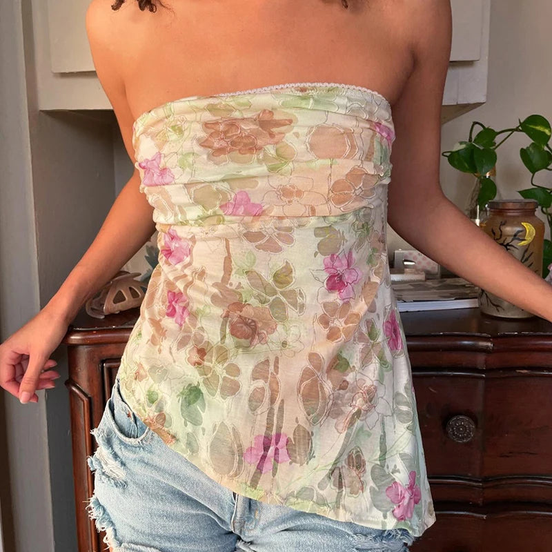 Hnewly Fairycore Kawaii Floral Print Tube Top Summer Holiday Irregular Skinny Strapless Cropped Tops for Women y2k Aesthetic Tee