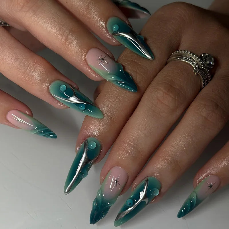 Hnewly 24Pcs French Almond False Nails Glitter with Rhinestones Wearable Fake Nails Artificial Simple Full Cover Press on Nails Tips