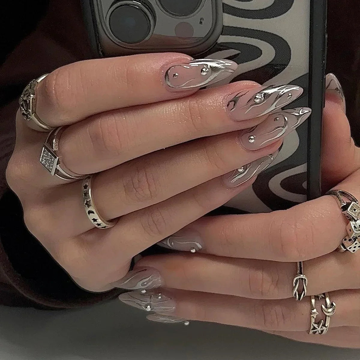 Hnewly 24Pcs White Almond False Nails Ballet with French Design Wearable Fake Nails Gradient Simple Full Cover Press on Nail Tips Art