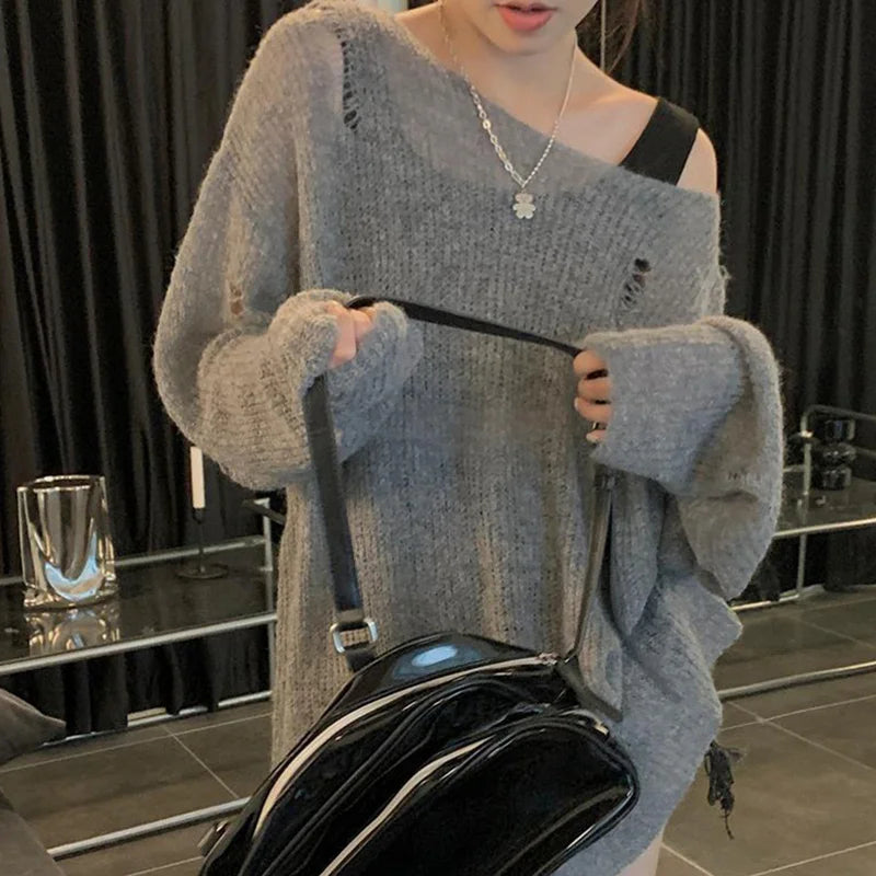 Hnewly Gothic Sweater y2k Clothes Women Solid Color Round Neck Long Sleeve Ripped Knitted Top 2000s Grunge Clothing Streetwear