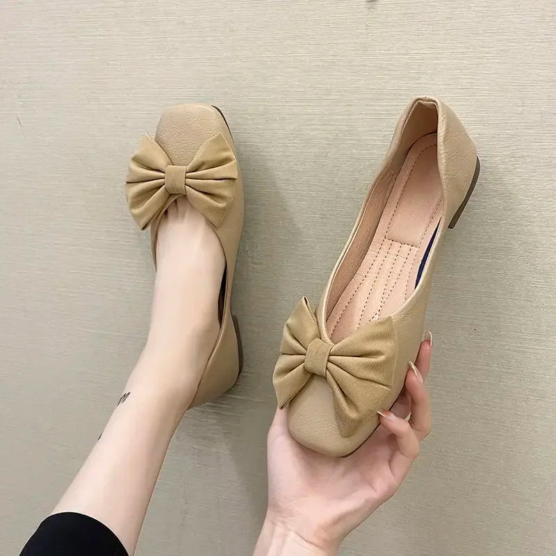 Hnewly  Woman Flats with Bow Low Heel Elegant Shoes for Women Square Toe Dress Discount Cheap Liquidation Summer Chic Stylish Y2k