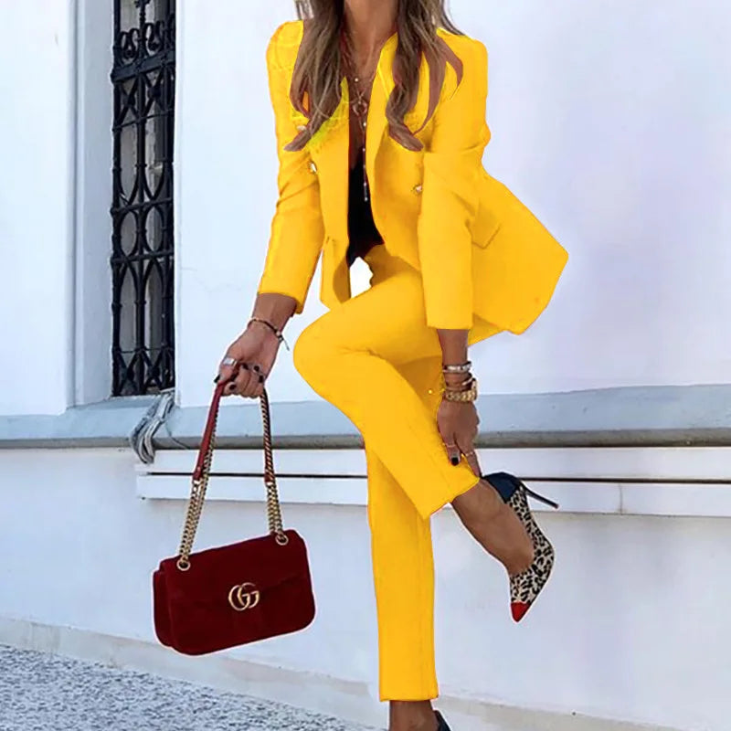 Hnewly 2 Pieces Set Women Turn-down Coat Pants Suit Business Style Long Sleeve Commute Trousers Set Top Casual Office Outfit